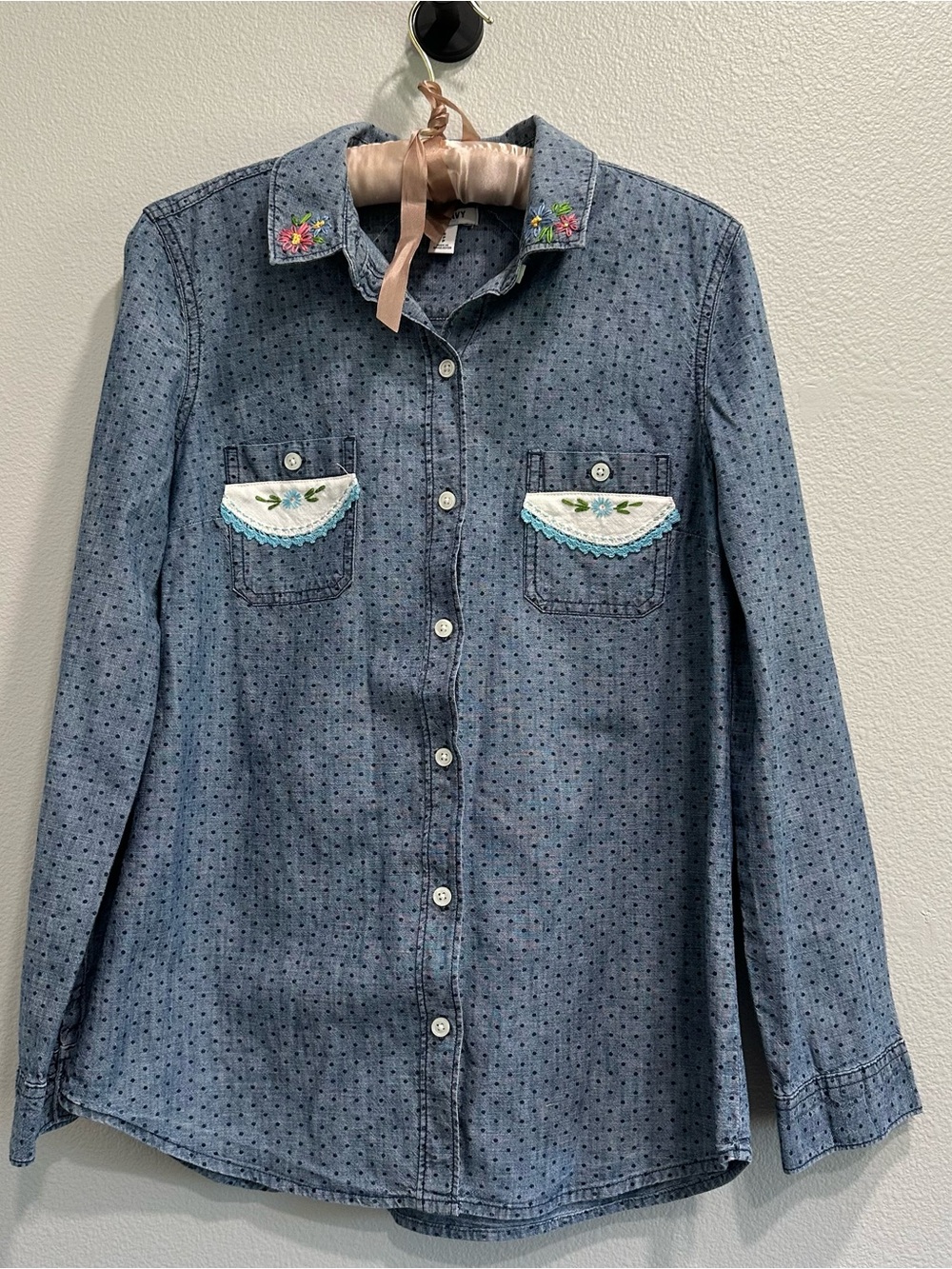 Upcycled old navy polka dot cotton shirt,vintage doilies,embroidered